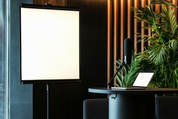  Mockup of pull-up banner in modern conference hall with podium microphone and laptop setup for presentation