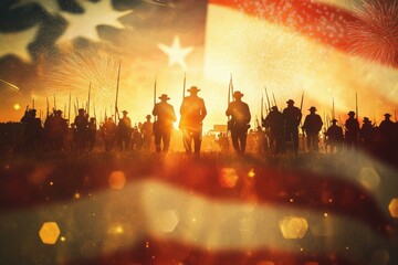 Naklejka premium Soldiers marching in sunset battlefield with American flag and fireworks, symbolizing USA war history and patriotism