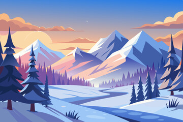 Snowy mountain landscape with alpine trees under a cold sky