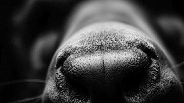 Extreme close-up of a dog's nose. Black and white photorealistic illustration.