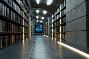 Fototapeta premium Futuristic digital library corridor with illuminated shelves and modern technology screen, showcasing innovation and knowledge