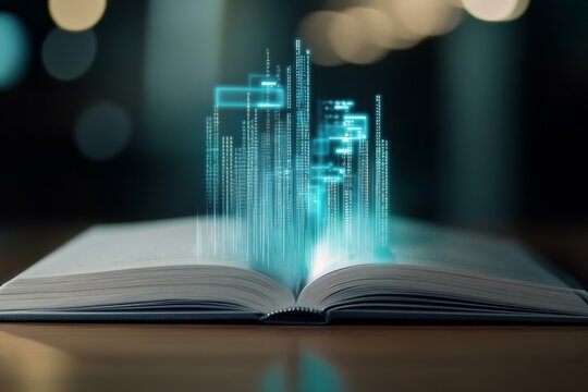  Open book with digital code emerging in virtual library concept for technology and knowledge fusion - Powered by Adobe
