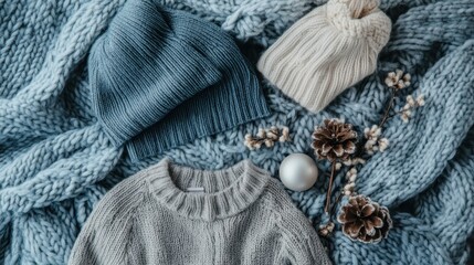 Knitted sweaters and hats on a textured blanket.