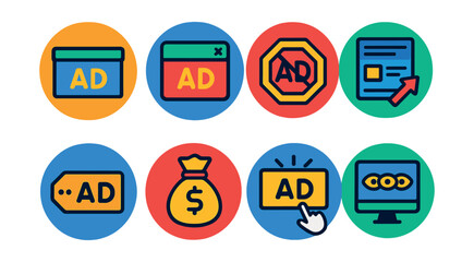 Flat vector icons of internet advertisement in circular style: banner ad, pop-up window, ad blocker, promoted post, sponsored tag, ad budget, click-through rate, impressions icon.