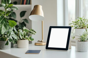 Fototapeta premium Modern workspace with tablet mockup and plants in natural light setting