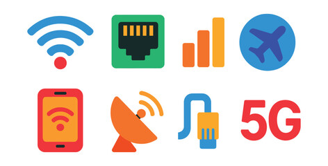Flat vector icons of internet connectivity: Wi-Fi signal, ethernet port, mobile network bars, airplane mode, hotspot icon, satellite dish, LAN cable, 5G icon.