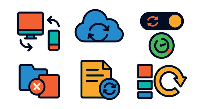 Flat vector icons of data syncing tools: multi-device sync, sync cloud, auto-sync toggle, sync progress, data conflict icon, sync log, update queue, manual refresh.