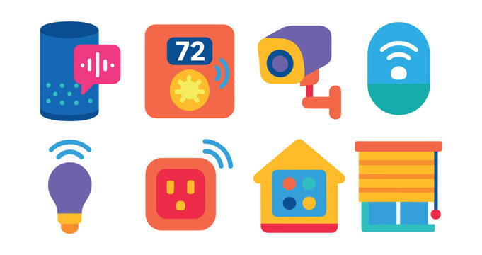 Flat vector icons of smart home automation: voice assistant, smart thermostat, security camera, motion sensor, smart light bulb, smart plug, home hub, automated blinds.