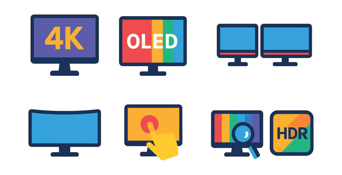 Flat vector icons of display technology: 4K monitor, OLED screen, projector, dual display, ultrawide monitor, touch display, screen calibration, HDR icon.