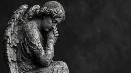  Angel sculpture in mourning pose symbolizing memory and reflection against dark background