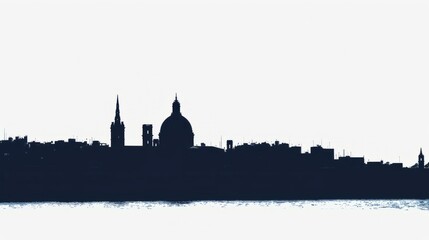 Obraz premium Silhouette of Valletta's iconic skyline in navy blue against bright sky over shimmering water, Malta architecture.