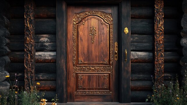 Ornate wooden door on a log cabin, wildflowers in front - Powered by Adobe
