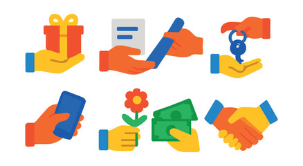 Flat vector icons of human hands giving and receiving: hand offering gift, hand receiving document, hand passing baton, hand exchanging keys, hand sharing phone, hand giving flower, hand receiving