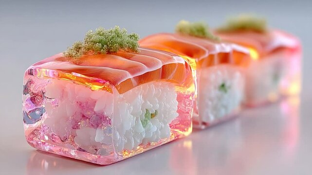 Futuristic sushi cubes concept with salmon and caviar offering a modern culinary experience