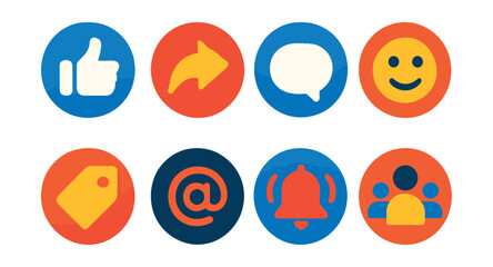 Flat vector icons of user engagement in circular style: like icon, share post, comment bubble, reaction emoji, tag user, mention icon, notification ping, audience feedback.