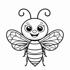 Cute, cartoon bee, outlined in black, ready for coloring.  Large eyes, happy expression, simple design