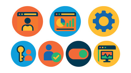 Flat vector icons of internet control panels in circular style: admin panel, dashboard overview, settings gear, analytics chart, user access, permissions icon, control switch, site monitor.