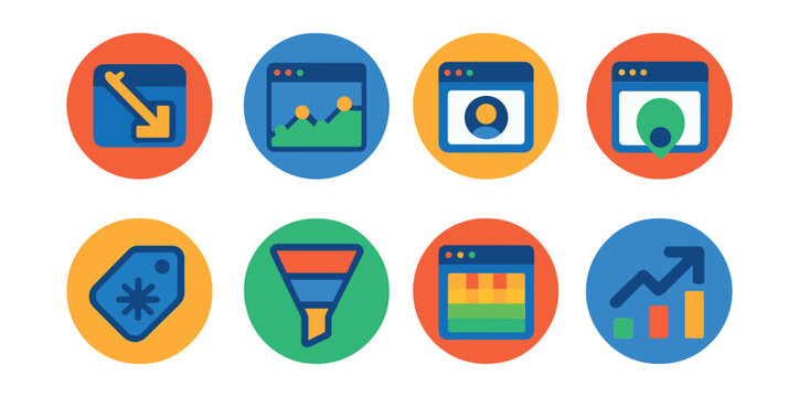 Flat vector icons of website analytics in circular style: bounce rate icon, sessions chart, page view tracker, visitor map, event tag, conversion funnel, session heatmap, traffic overview.