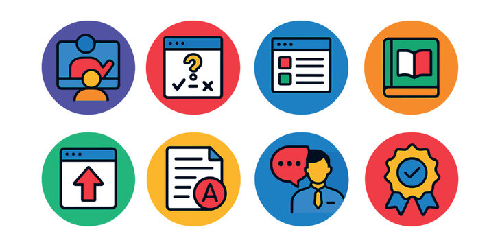 Flat vector icons of web-based education tools in circular style: virtual lecture, quiz icon, course list, online textbook, assignment upload, grade icon, tutor chat, certification badge.
