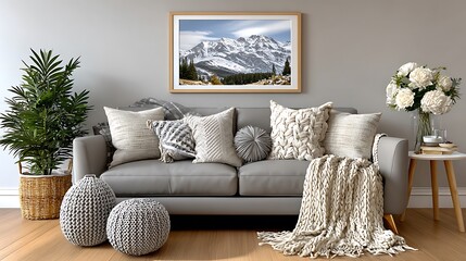 Contemporary home decor with framed canvas mountain art piece high resolution photo