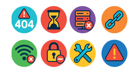 Flat vector icons of web error states in circular style: 404 page, connection timeout, server error, broken link, no internet, permission denied, maintenance mode, invalid URL.