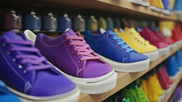 A vibrant collection of colorful sneakers displayed neatly in a shop. Each pair showcases a unique hue, reflecting style and individuality perfect for fashion enthusiasts.