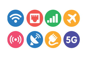 Flat vector icons of internet connectivity in circular style: Wi-Fi signal, ethernet port, mobile network bars, airplane mode, hotspot icon, satellite signal, LAN cable, 5G icon.