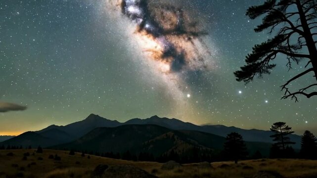 View of the Milky Way and stars over a natural mountain landscape at night.