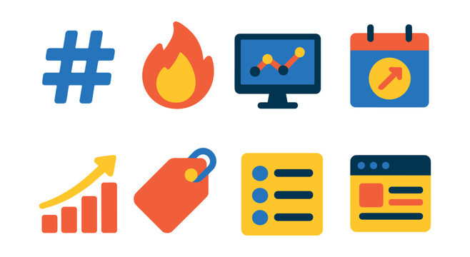 Flat vector icons of internet trends and updates: trending hashtag, hot topic, real-time stat, daily update, popularity rise, featured tag, top list, recent post.