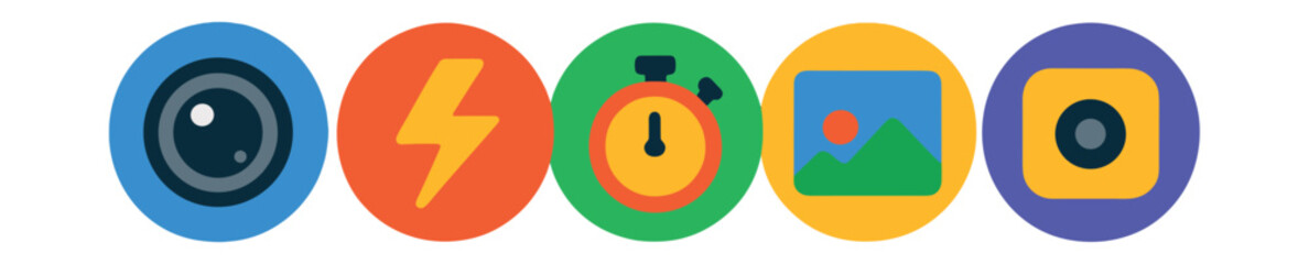 Flat vector icons of photo capture tools in circular style: camera lens, flash toggle, timer icon, photo gallery, selfie camera.