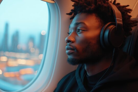 Man wearing headphones is sitting in airplane seat and looking out window at city lights - Powered by Adobe