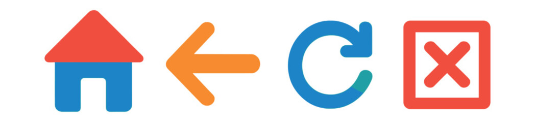 Obraz premium Flat vector icons of basic navigation controls: home icon, back arrow, forward arrow, refresh icon, exit icon.
