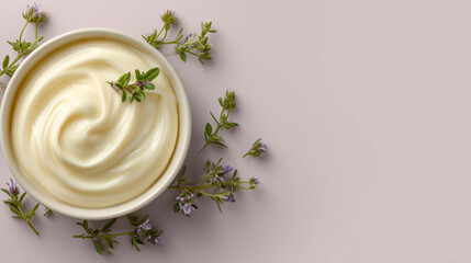 Mayonnaise with herbs in bowl on pink background