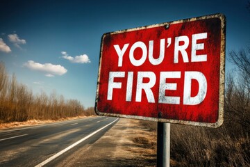 Obraz premium A weathered roadside sign proclaims 'YOU'RE FIRED' with an empty road in the background, symbolizing solitude and the emotional fallout of job loss on one's journey.