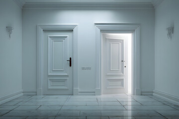 Fototapeta premium Office Doors. Two Closed Door Options on White Wall in Interior Room