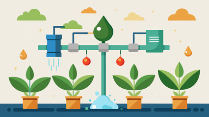A system of drip irrigation and fertigation that delivers precise amounts of water and nutrients to each individual plant based on realtime data.. Vector illustration