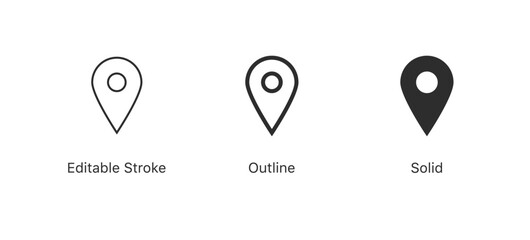 Plakat location pin icon in editable stroke, outline, and filled styles. for navigation, maps and geolocation designs in apps, websites and user interfaces