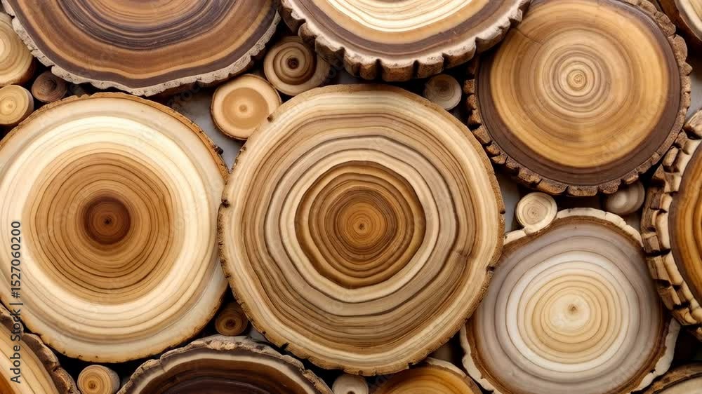 Poster overhead view of various tree rings cut as lumber, creating a rustic, natural, stacked wood pattern 