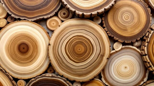 Overhead view of various tree rings cut as lumber, creating a rustic, natural, stacked wood pattern and organic texture of circular shapes
