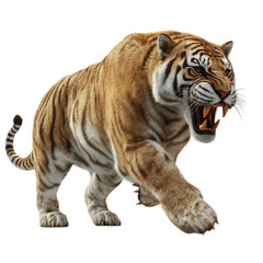 Obraz premium Side view of a gray saber-toothed tiger isolated on a white background, realistic prehistoric predator with detailed fur and fangs, ideal for paleontology, wildlife, and educational content
