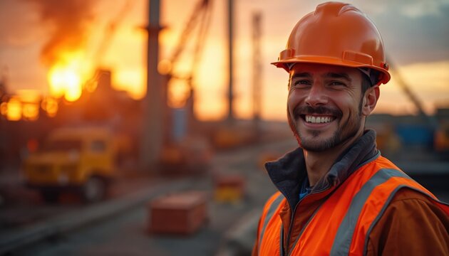 Smiling worker in safety gear at industrial site during vibrant sunset. Man with hard hat, vest smiles. Orange bright light, flames in background. Industrial work site. Construction, industry