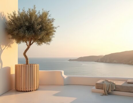 Olive tree planter outdoor terrace sea view during sunset. Modern design with luxury coastal aesthetic. Peaceful vacation rest. Relaxation at home, garden, vacation villa resort.