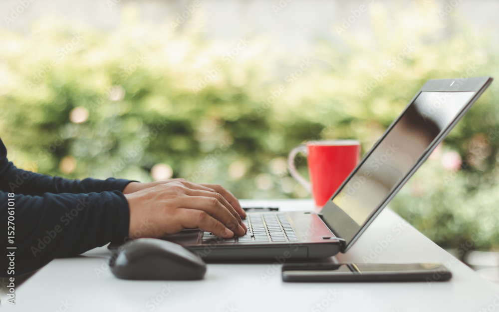 Poster Freelancer working remote from home with laptop in digital workplace showing support and access control system technology suitable for business job, education, and online lifestyle.  Work home setting