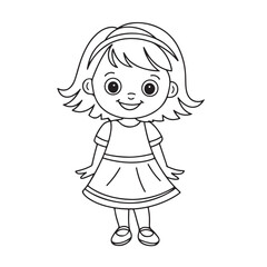 Fototapeta premium Cute Little Girl in Dress Line Drawing – Black and White Cartoon Illustration for Coloring Pages