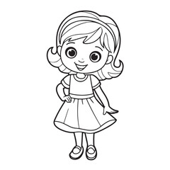 Cute Little Girl in Dress Line Drawing – Black and White Cartoon Illustration for Coloring Pages