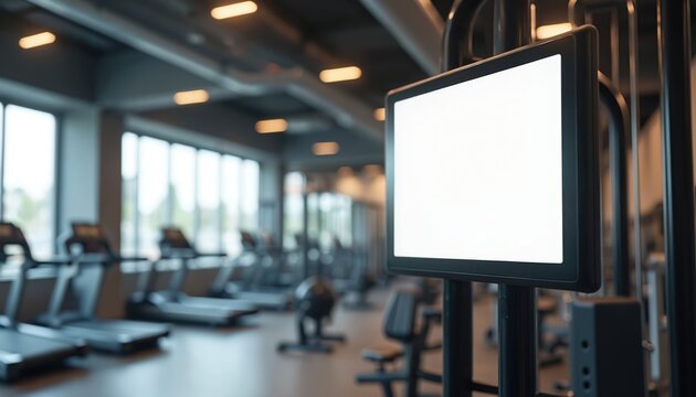 Modern gym with blank digital display. Fitness equipment in background. Interior space with treadmills, exercise machines. Technology, workout, health, wellness, training, sport. Functional,