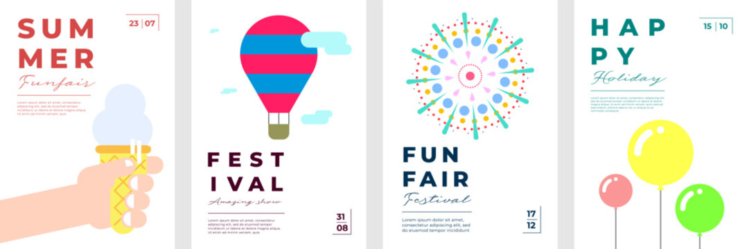 Flat vector poster set of summer carnival and funfair with kids activities. Hand with ice cream, balloons and fireworks. Perfect for party flyers, vacation events and festive banners.