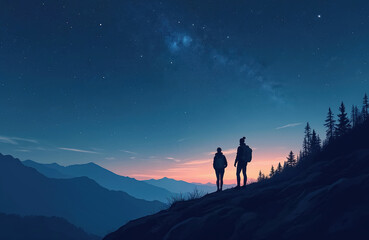 Fototapeta premium Two hikers silhouette on hill under bright starry night sky. Man woman enjoy night view landscape, Milky Way galaxy. Couple travelers, friends in nature looking at cosmos, stars, galaxy, nebula,