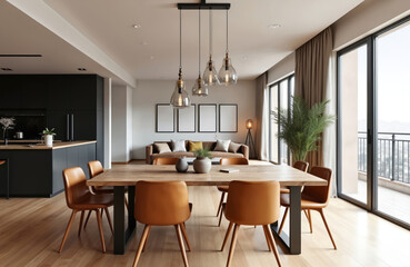 Modern dining room interior in urban apartment. Features wood table, leather chairs, sofa, plants. Contemporary decor with large windows, bright light. Ideal for real estate, home decor, residential