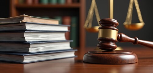 Legal illustration featuring wooden judge gavel on desk, balanced scales of justice, courtroom library books background. Represents law, justice, legal proceedings. Concept image for legal matters,